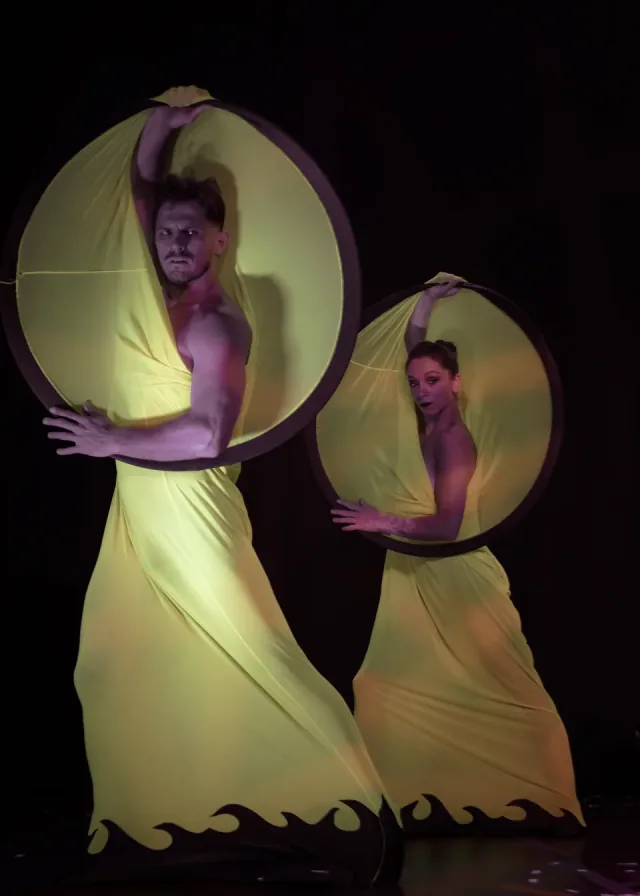 Yellow hoop fabric duo sculpture